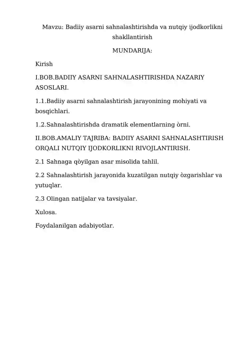 Badiiy asarni sahnalashtirishda va nutqiy ijodkorlikni shakllantirish