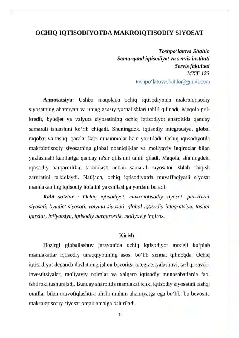 OCHIQ IQTISODIYOTDA MAKROIQTISODIY SIYOSAT