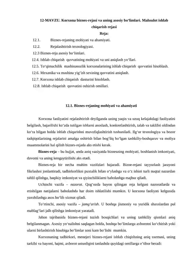 Korxona biznes-rejasi va uning asosiy bo‘limlari