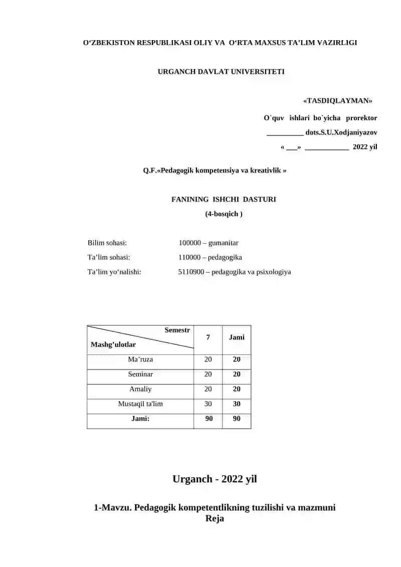 Pedagogik kompetentlikning tuzilishi va mazmuni fanidan ishchi dastur