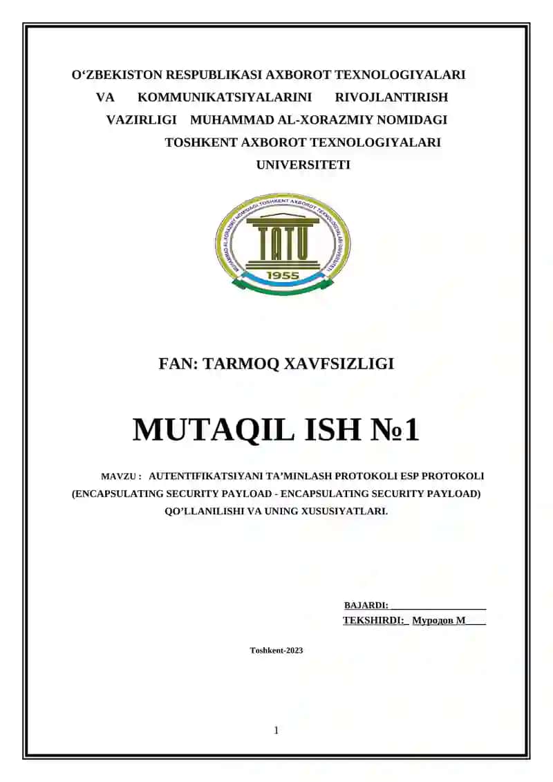 AUTENTIFIKATSIYANI TA’MINLASH PROTOKOLI ESP PROTOKOLI