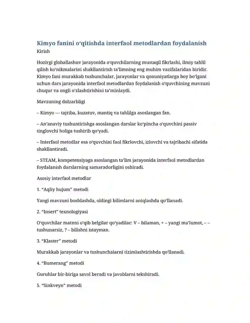 Kimyo fanini o‘qitishda interfaol metodlardan foydalanish
