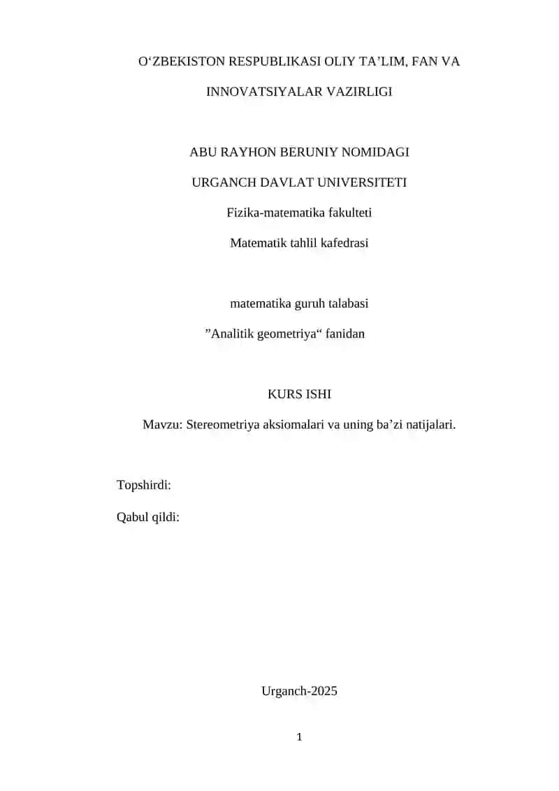 Stereometriya aksiomalari va uning ba’zi natijalari