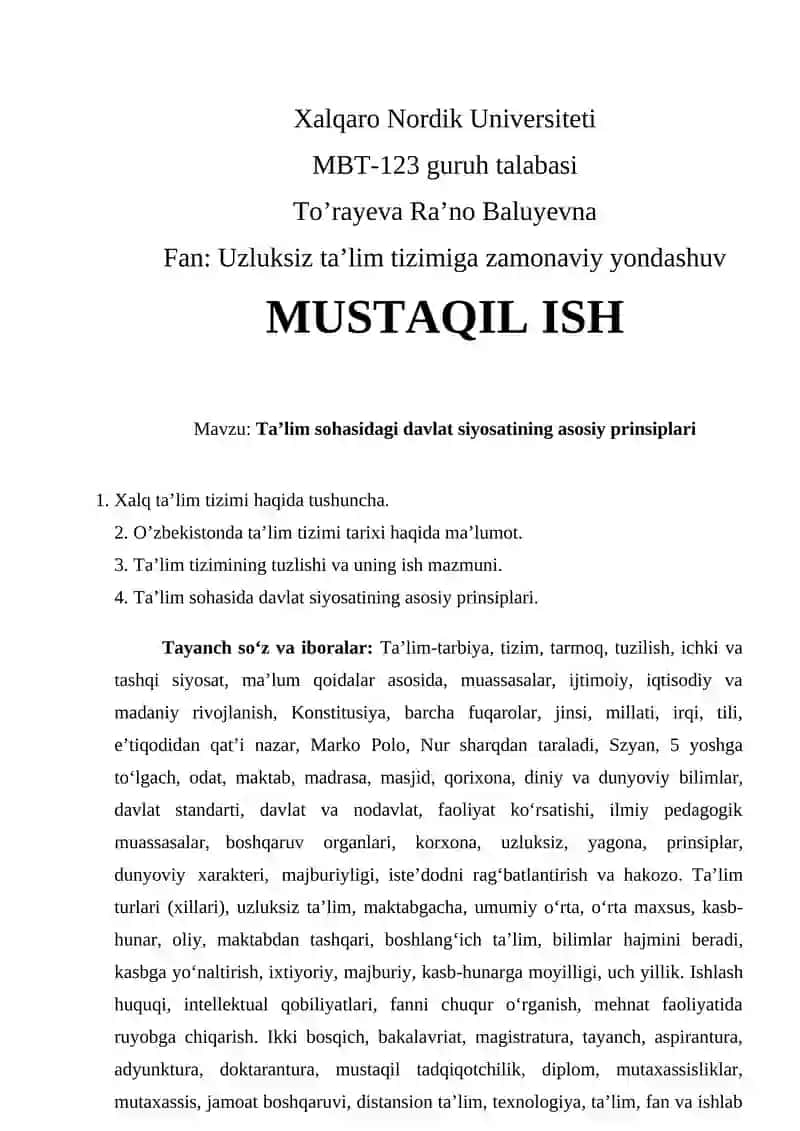 Ta'lim sohasidagi davlat siyosatining asosiy prinsiplari