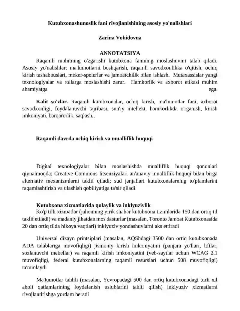 Kutubxonashunoslik fani rivojlanishining asosiy yo'nalishlari
