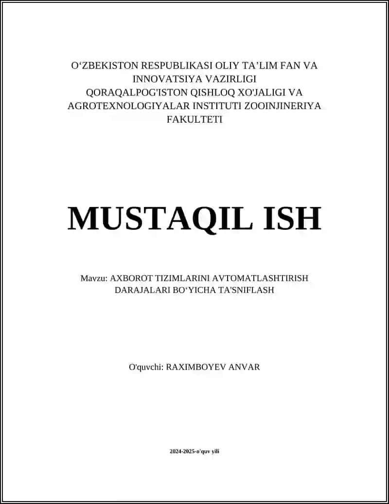 AXBOROT TIZIMLARINI AVTOMATLASHTIRISH DARAJALARI BOʻYICHA TA'SNIFLASH
