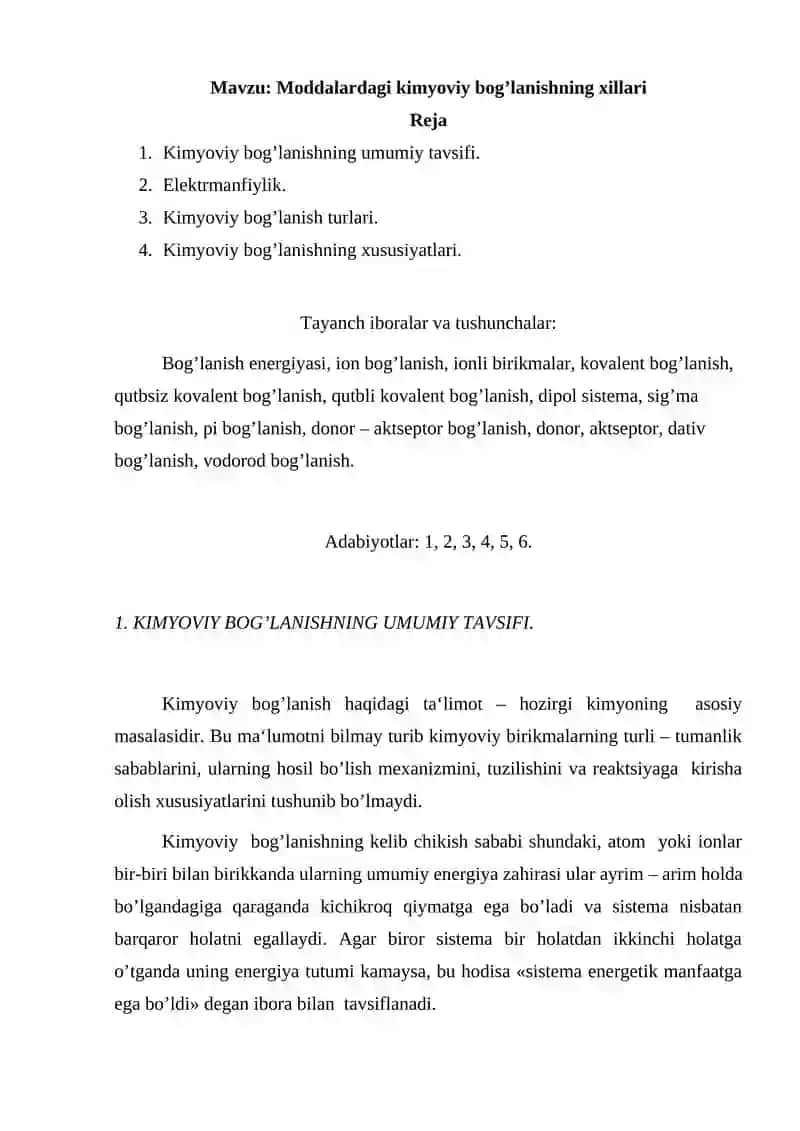 Moddalardagi kimyoviy bog’lanishning xillari
