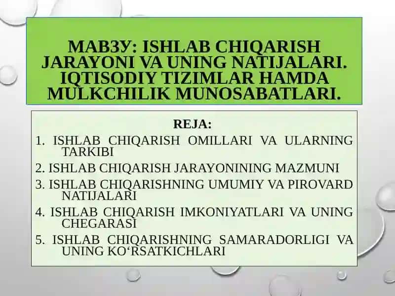 Ishlabchiqarish jarayonlari va uning natijalari. Iqtisodiy tizimlar hamda mulkchilik munosabatlari