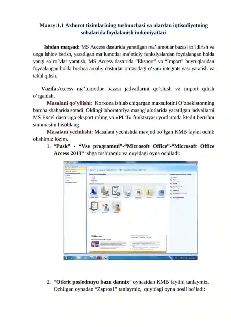 Axborot tizimlarining tushunchasi va ulardan iqtisodiyotning sohalarida foydalanish imkoniyatlari