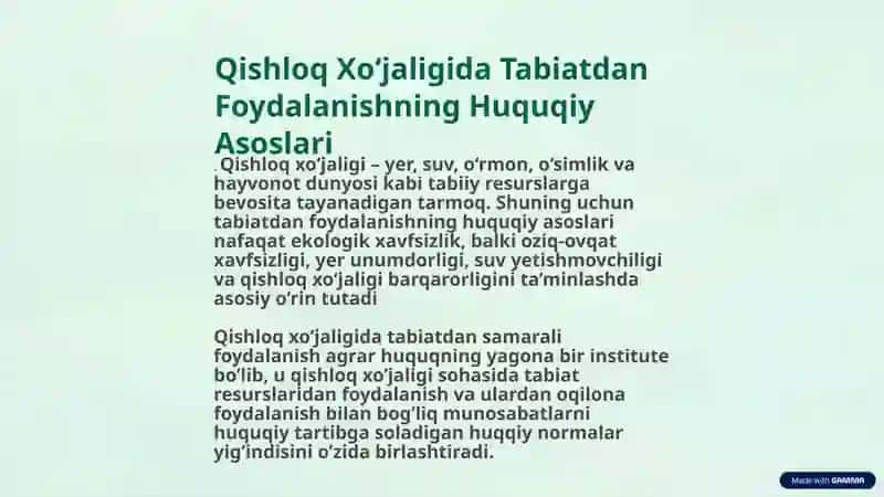 Qishloq Xo‘jaligida Tabiatdan Foydalanishning Huquqiy Asoslari