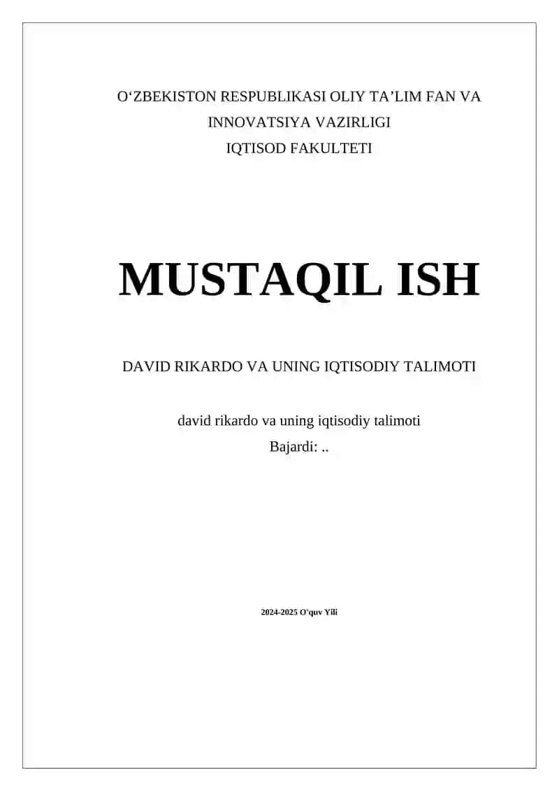 David Rikardo va uning iqtisodiy talimoti