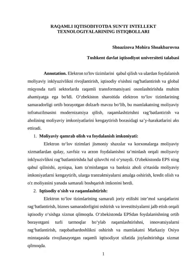 RAQAMLI IQTISODIYOTDA SUNʼIY INTELLEKT TEXNOLOGIYALARINING ISTIQBOLLARI