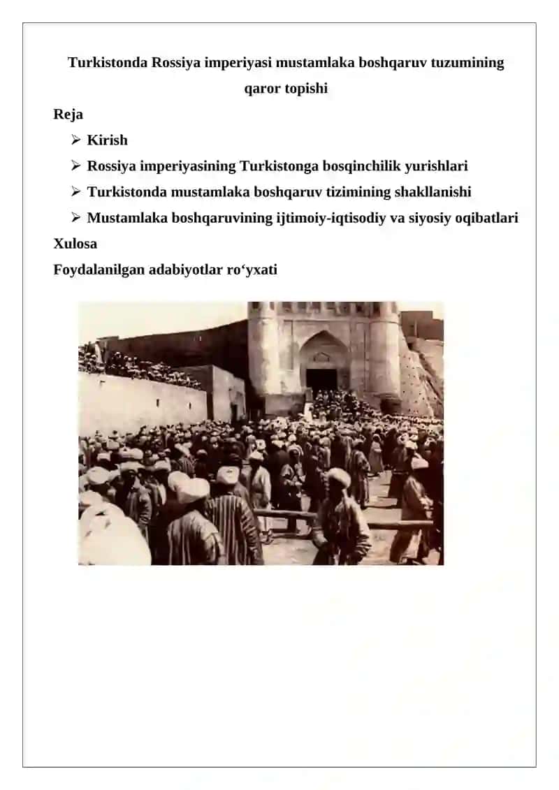 Turkistonda Rossiya imperiyasi mustamlaka boshqaruv tuzumining qaror topishi