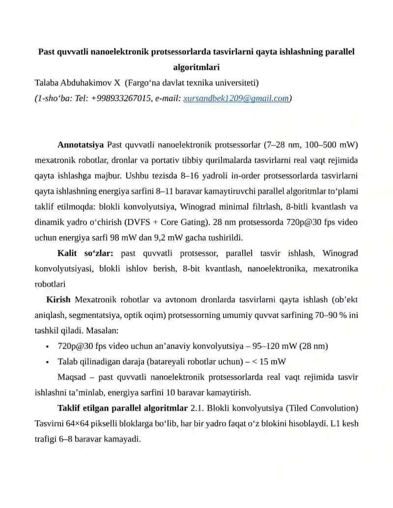 Past quvvatli nanoelektronik protsessorlarda tasvirlarni qayta ishlashning parallel algoritmlari