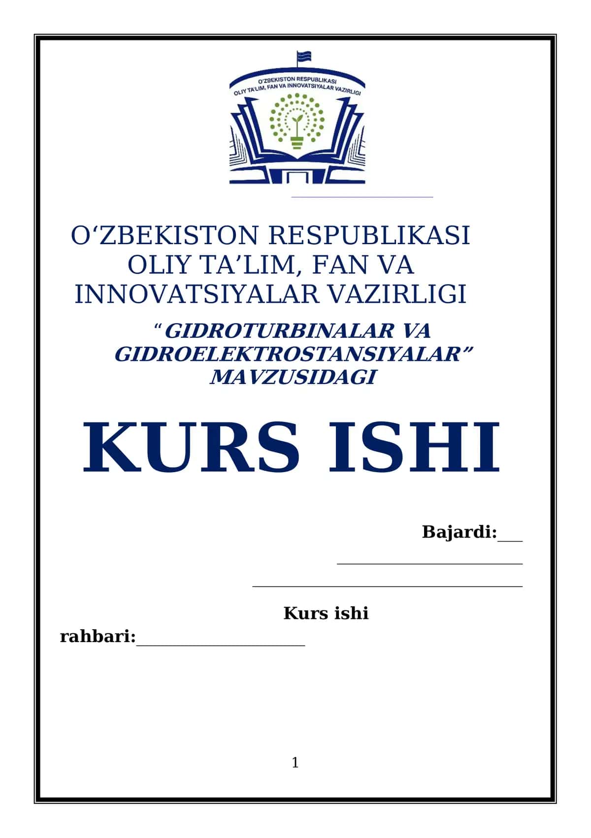 Gidroturbinalar va Gidroelektrostansiyalar Mavzusidagi Kurs Ishi