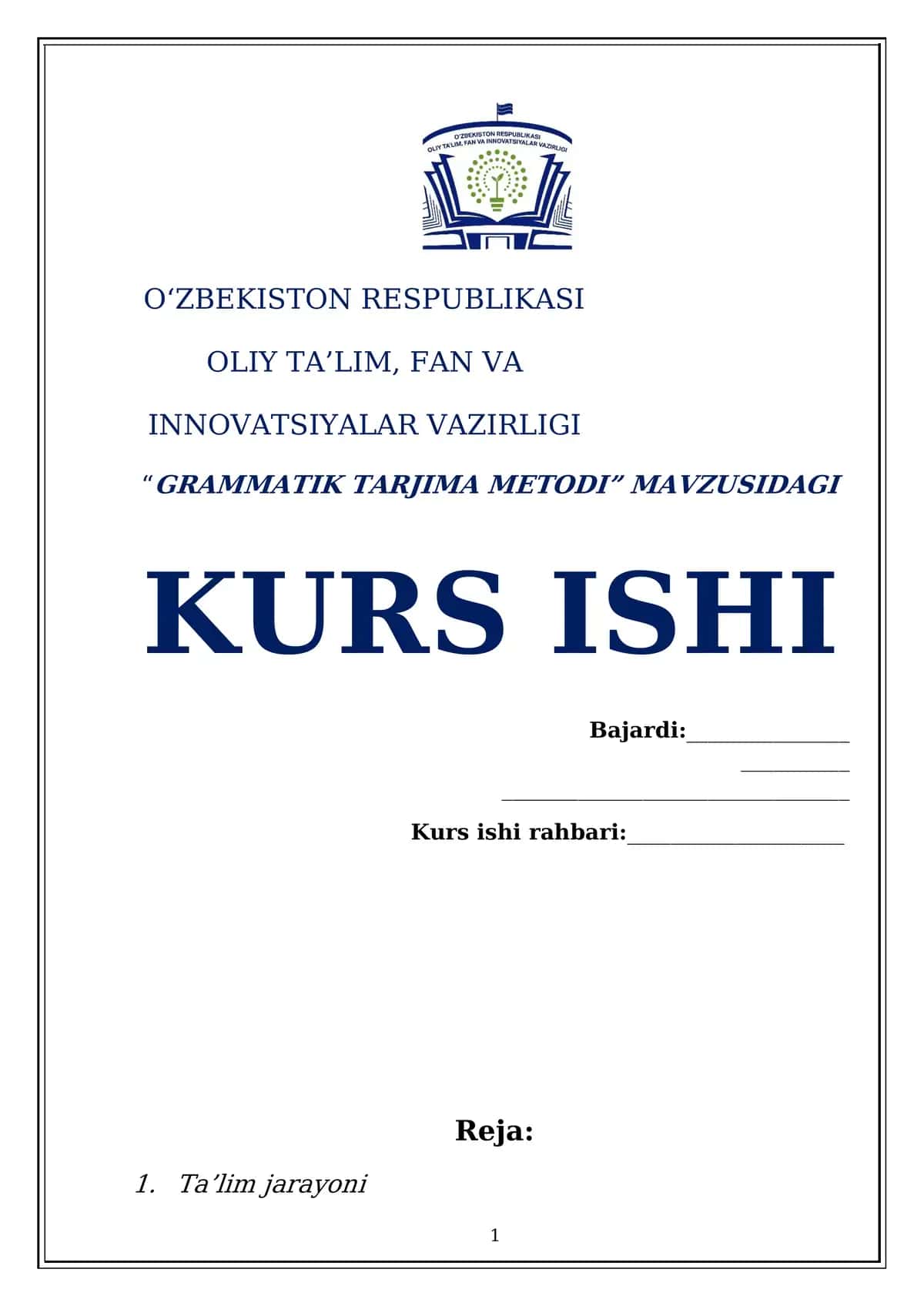 Grammatik Tarjima Metodi Mavzusidagi Kurs Ishi