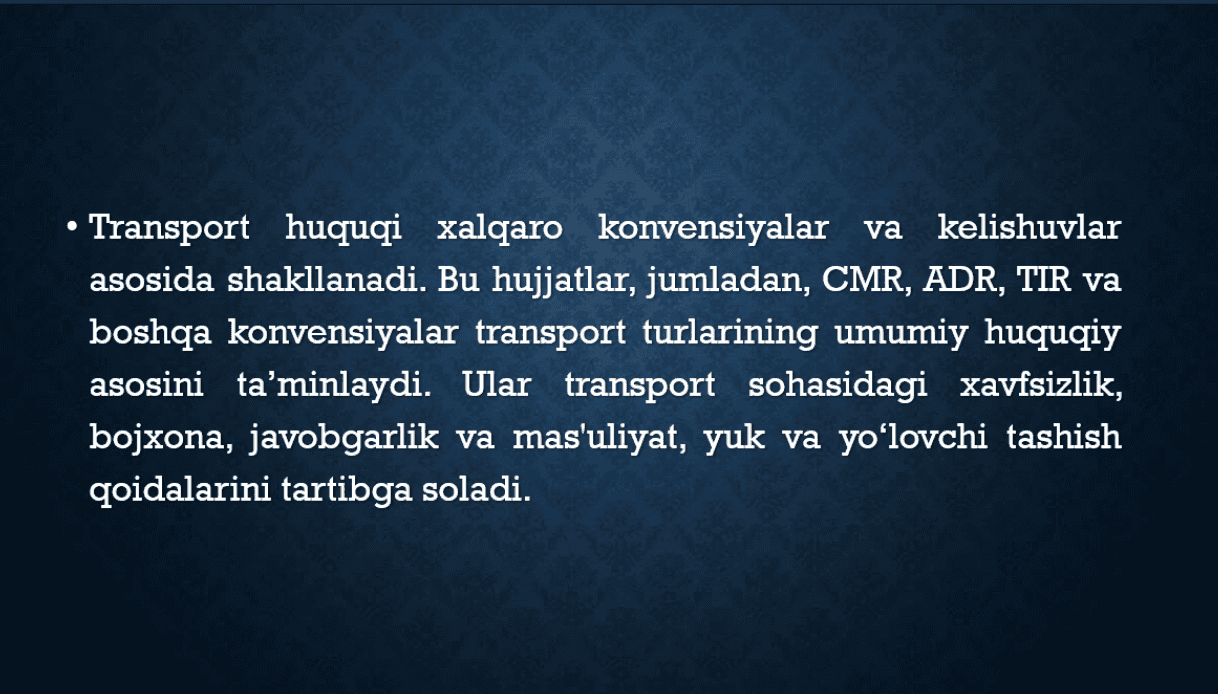Transport huquqining tarmoq majmuasi tartibida shakllanishi