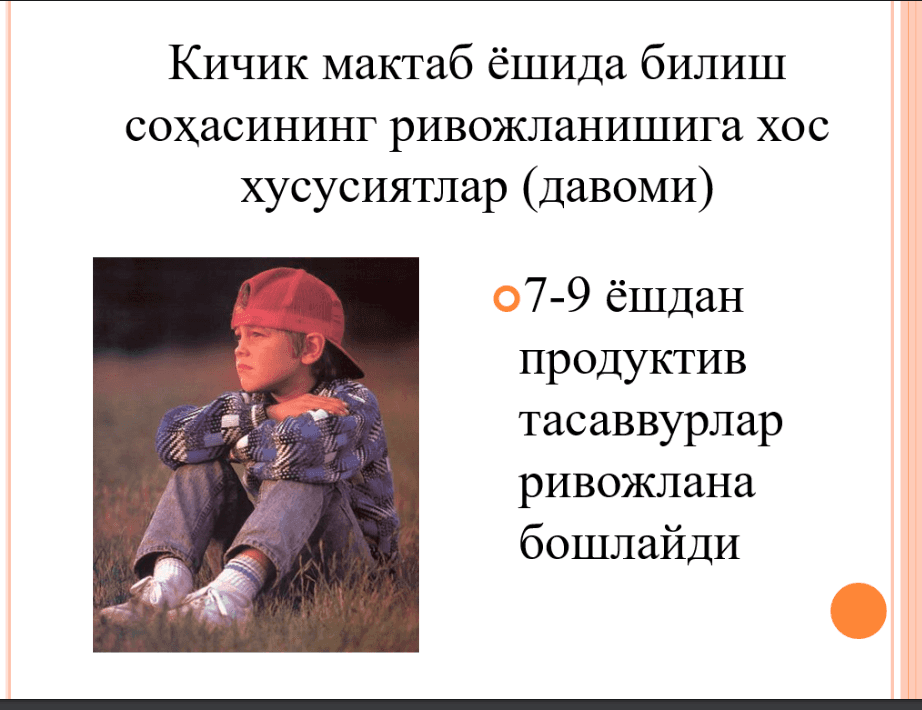 Kichik maktab yoshi davri. O‘smirlik davri. Ilk o‘spirinlik davri. Yetuklik davri. Keksalik davri.