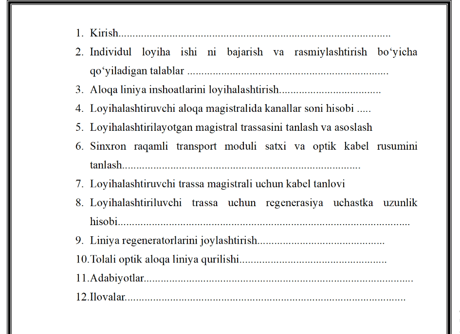 “Andijon – Sirdaryo viloyatlari orasida optik transport tarmog‘ini loyihalashtirish” mavzusidagi individual loyiha ishi