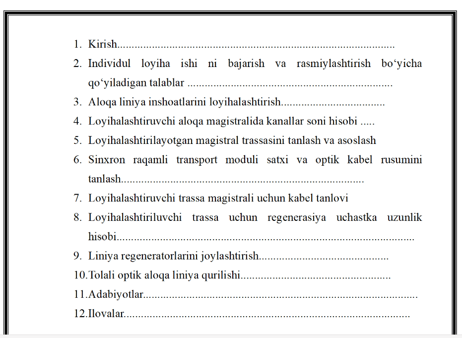 “Jizzax – Toshkent viloyatlari orasida optik transport tarmog‘ini loyihalashtirish” mavzusidagi individual loyiha ishi