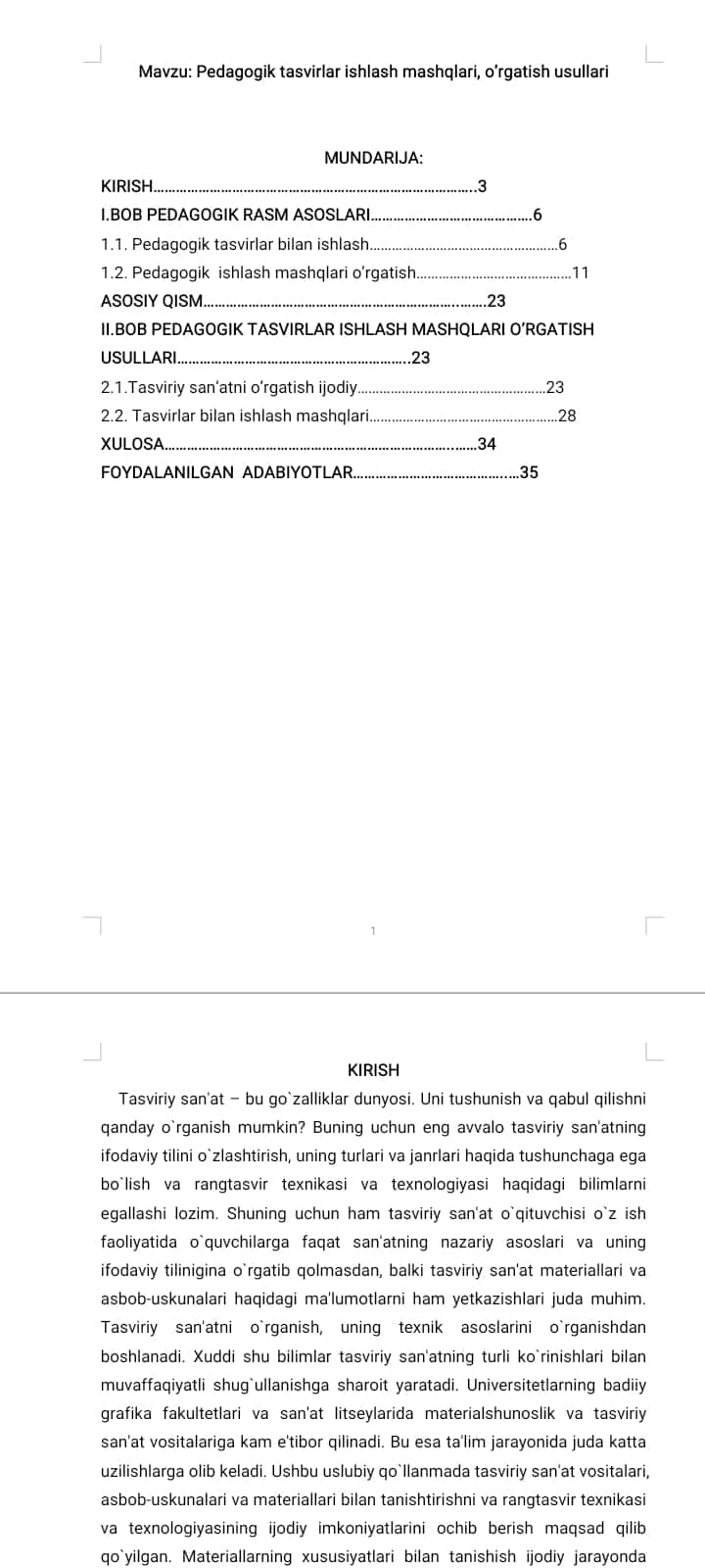 Pedagogik tasvirlar ishlash mashqlari, o’rgatish usullari