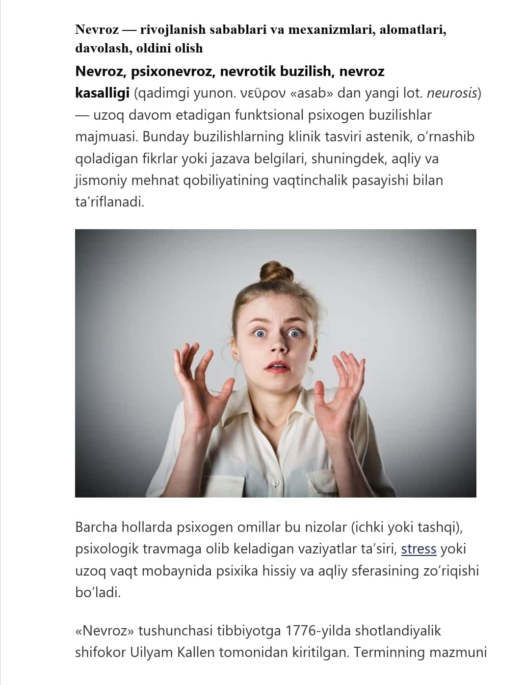 Nevroz — rivojlanish sabablari va mexanizmlari, alomatlari, davolash, oldini olish
