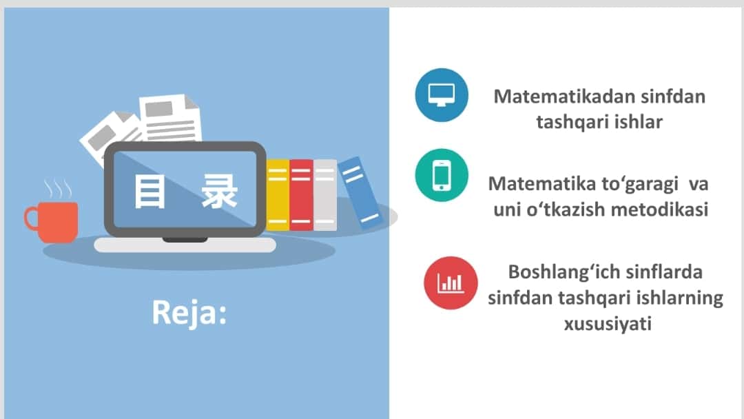 Mavzu: Matematika to‘gragini o‘tkazish metodikasi.
Boshlang‘ich sinflarda sinfdan tashqari ishning xususiyati