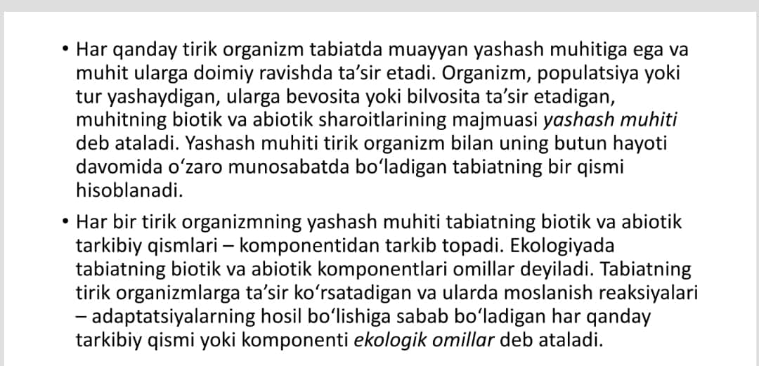 ORGANIZMLARNING YASHASH MUHITI. SUV MUHITI