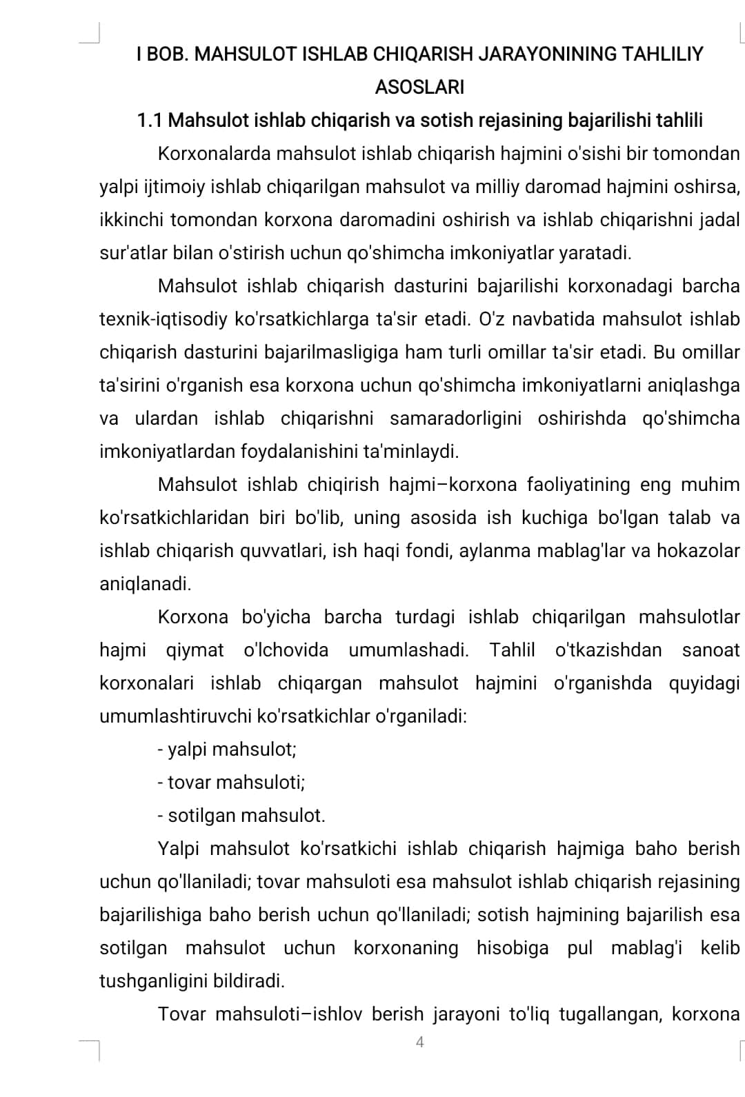 Mahsulotni ishlab chiqarish va uni sotishni tahlil qilish usullari