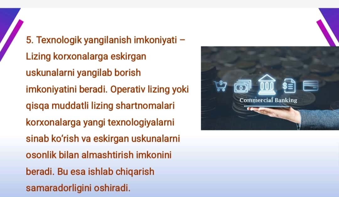 Tijorat banklarining lizing operatsiyalarining ahamiyati