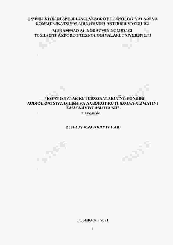 KOʻZI OJIZLAR KUTUBXONALARINING FONDINI AUDIOLIZATSIYA QILISH VA AXBOROT KUTUBXONA XIZMATINI ZAMONAVIYLASHTIRISH
