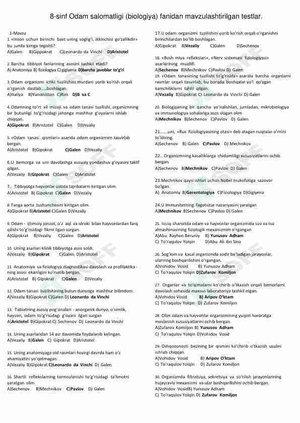 Biologiya fanidan mavzulashtirilgan testlar