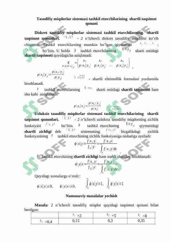 Tasodifiy miqdorlar sistemasi tashkil etuvchilarining shartli taqsimot qonuni