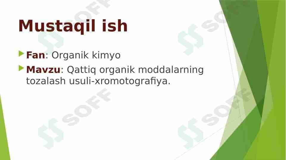 Qattiq organik moddalarning tozalash usuli-xromotografiya.