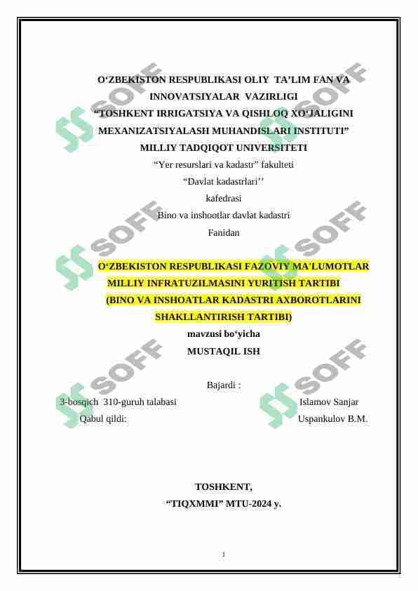 O‘ZBEKISTON RESPUBLIKASI FAZOVIY MA'LUMOTLAR MILLIY INFRATUZILMASINI YURITISH TARTIBI (BINO VA INSHOATLAR KADASTRI AXBOROTLARINI SHAKLLANTIRISH TARTIBI)