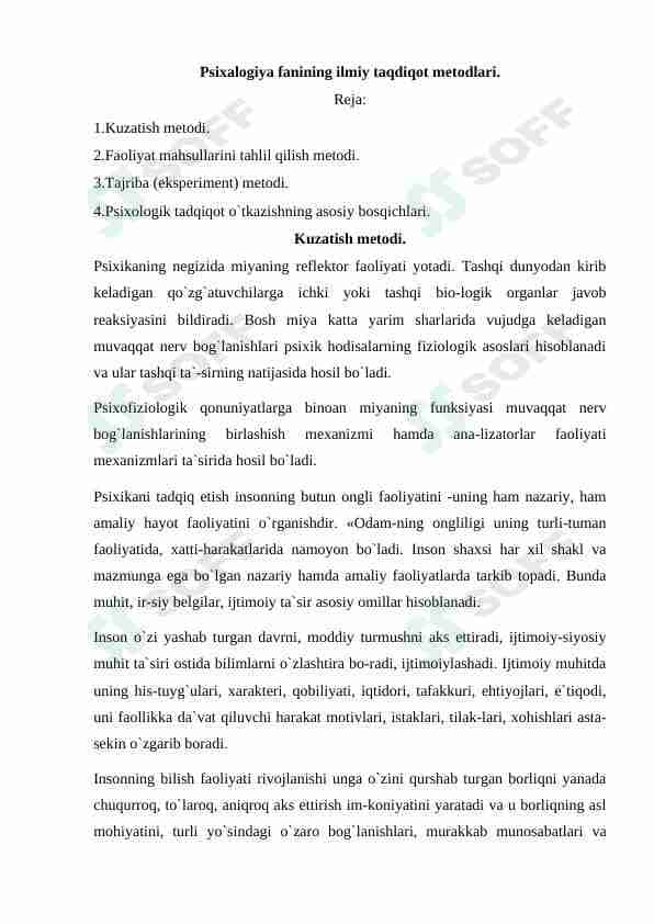 Psixalogiya fanining ilmiy taqdiqot metodlari.
