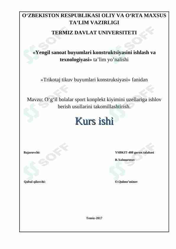 O'g'il bolalar sport kiyimini konstruktsiyasini ishlab chiqish