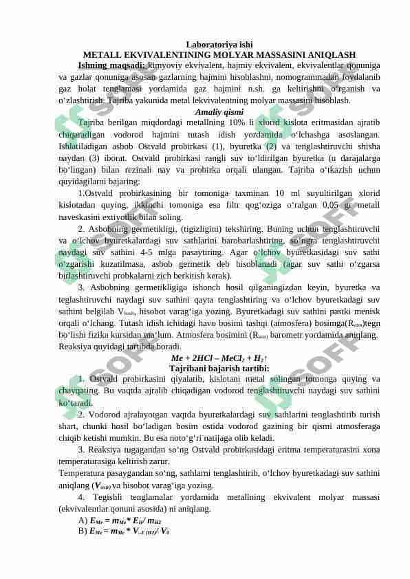 metall ekvivalentining molyar massasini aniqlash