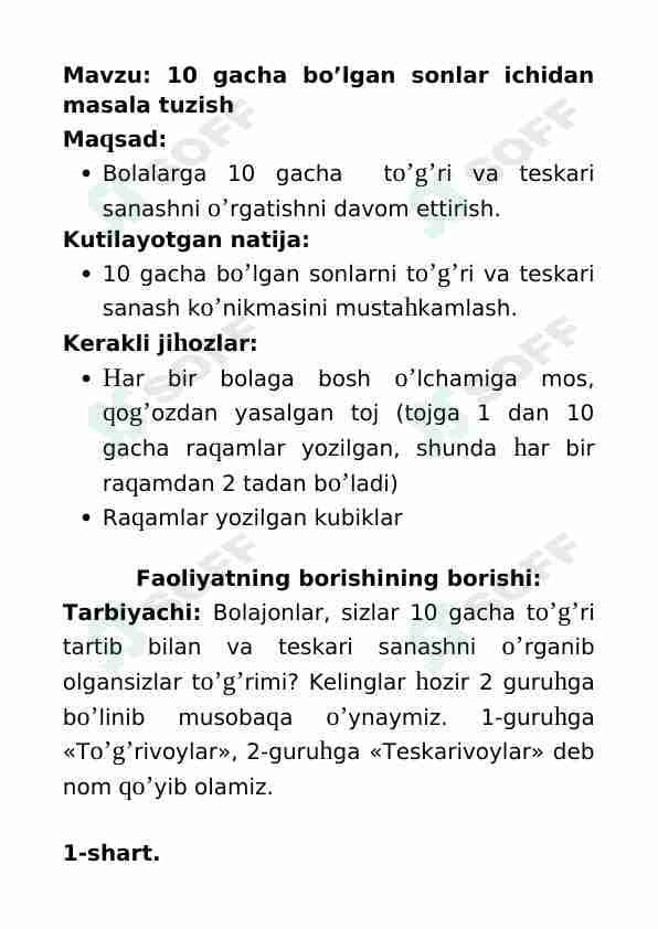 Mashg'ulot ishlanma: 10gacha bo'lgan sonlar ichidan masala tuzish
