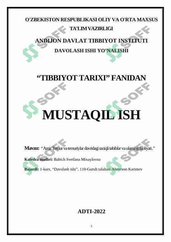 Amir Temur va temuriylar davridagi taniqli tabiblar va ularning faoliyati