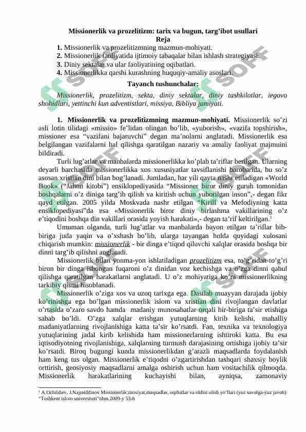 Missionerlik va prozelitizm tarix va bugun targ’ibot usullari