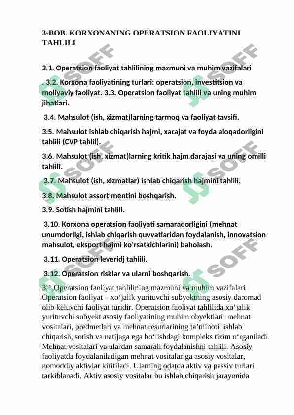 KORXONANING OPERATSION FAOLIYATINI TAHLILI