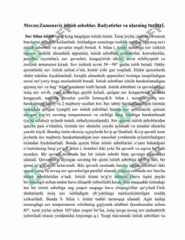 Zamonaviy isitish asboblar. Radyatirlar va ularning turlari.