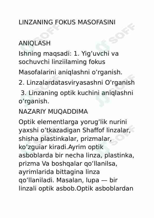 Linzaning fokus masofasini aniqlash