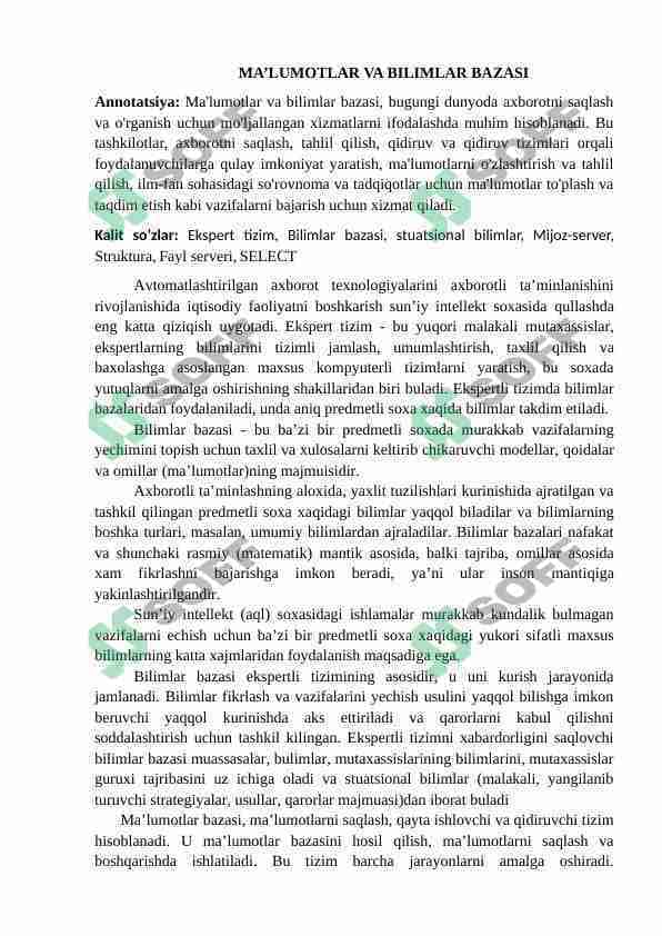 MA’LUMOTLAR VA BILIMLAR BAZASI