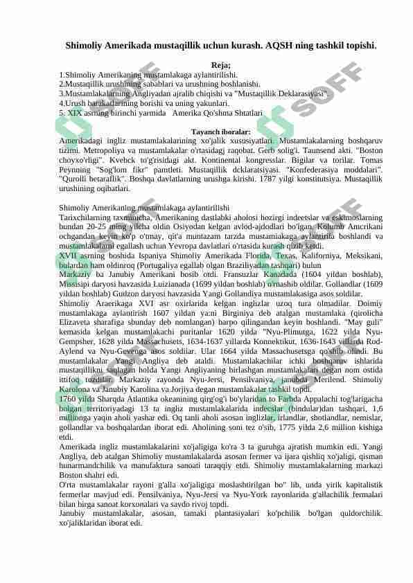 Shimoliy Amerikada mustaqillik uchun kurash. AQSH ning tashkil topishi