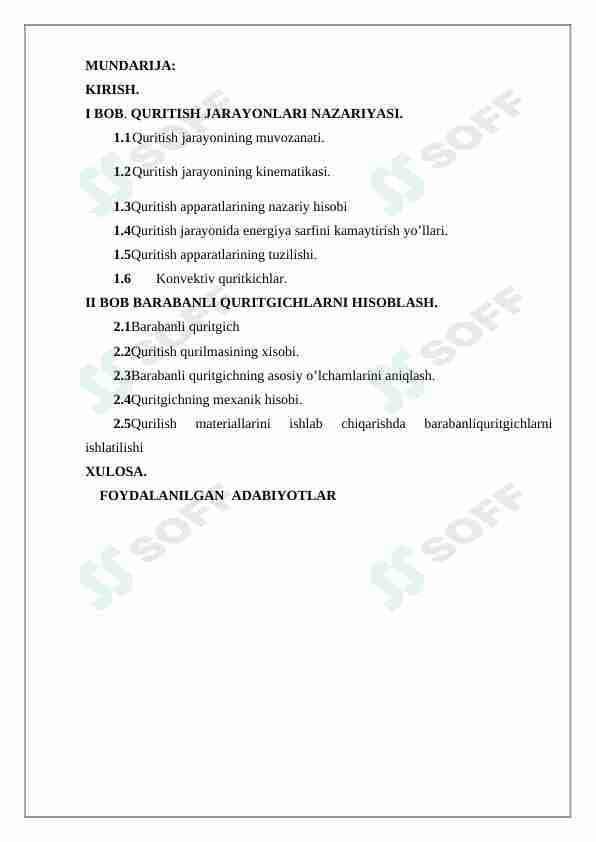 Barabanli quritish apparatini hisoblash va loyihalash