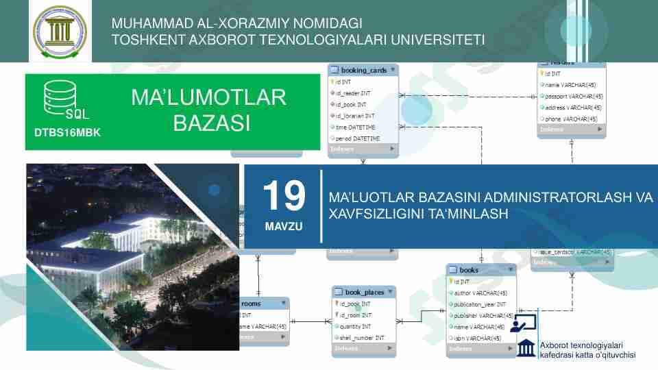 Ma’lumotlar bazasini administratorlash va xavfsizligini ta‘minlash.