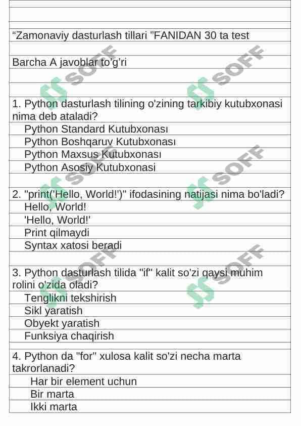 “Zamonaviy dasturlash tillari ”FANIDAN 30 ta test