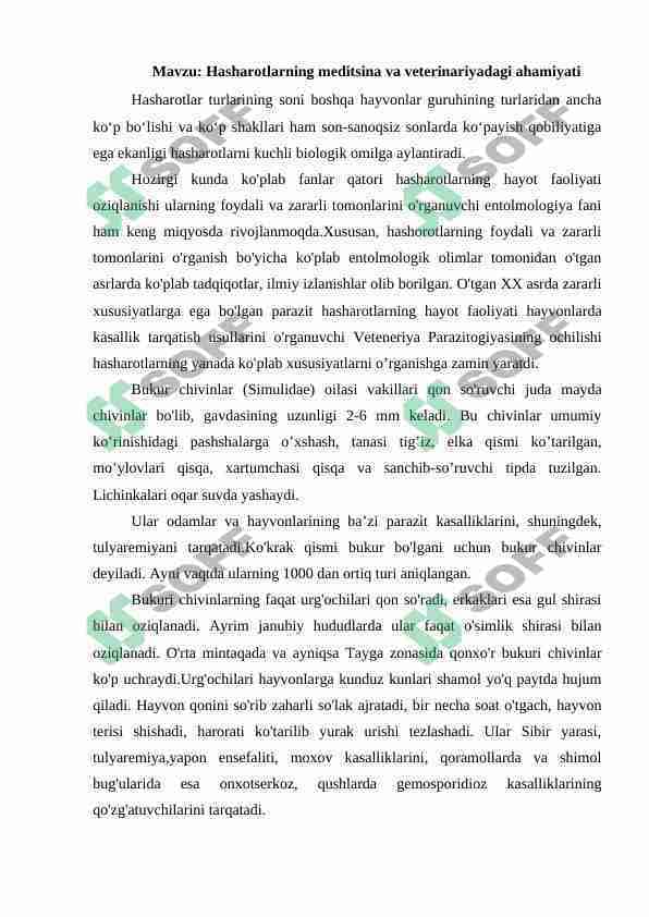 HASHAROTLARNING MEDITSINA VA VETERINARIYADAGI AHAMIYATI